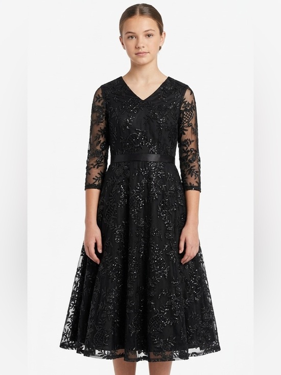 lace black dress Other - FESTIVE Black Lace V-neck lined Bouffant Dress crinoline w floral sequins Size 6